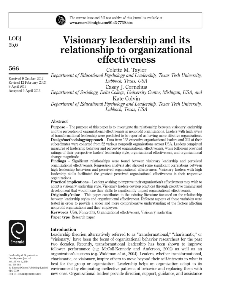 Visionary Leadership and Its R | PDF | Leadership | Transformational ...
