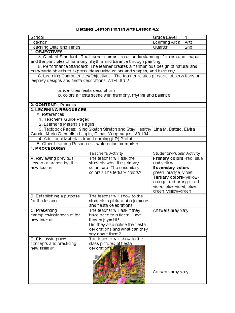 Arts Lesson Plan: Colors & Fiesta Decor | PDF | Teachers | Learning