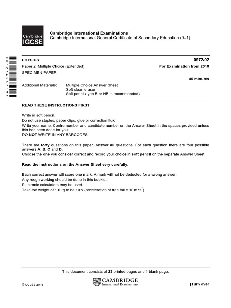2018 Specimen Paper 2 | PDF | Force | Electrical Resistance And Conductance