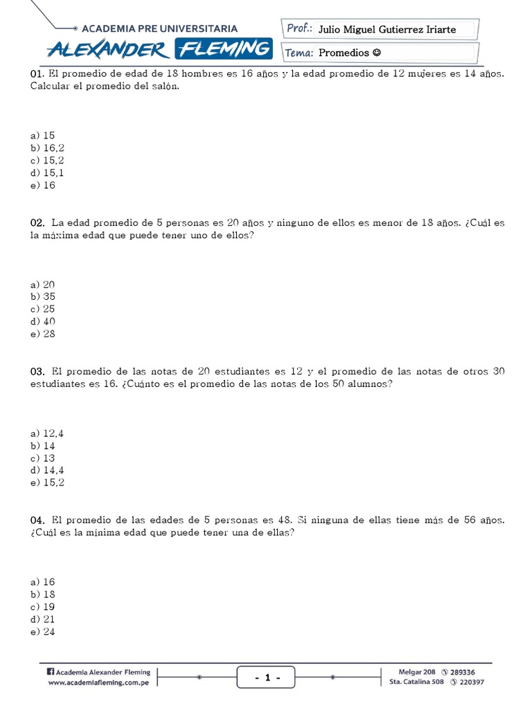 10 Promedios Descargar Gratis Pdf Aritmética Matemáticas
