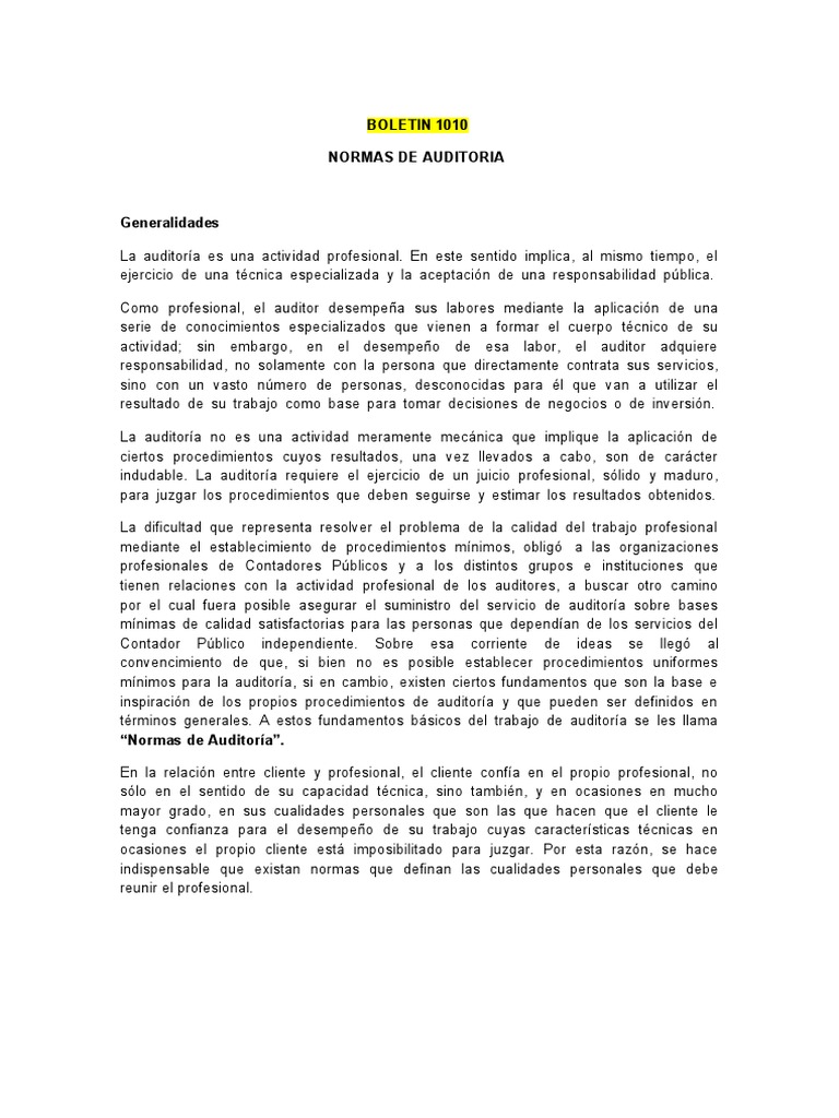 Normas de Auditoría 1010 y 2010 | PDF | Auditoría | Contralor