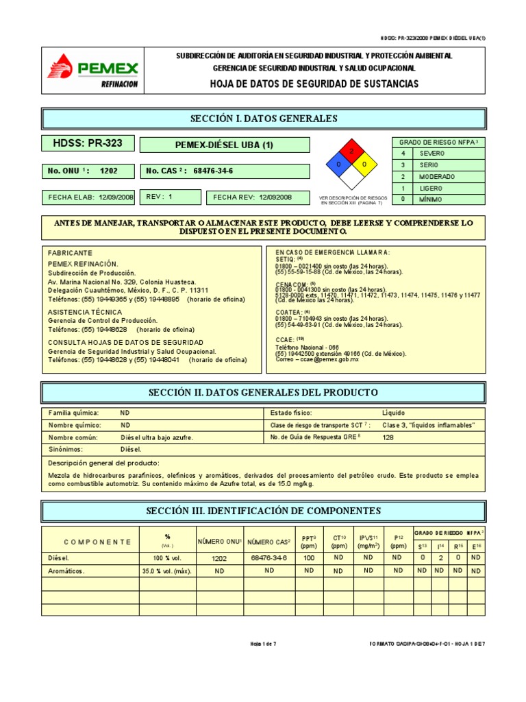 Hoja de Seguridad Pemex Diesel Uba 110201 | PDF | Oxígeno | Agua