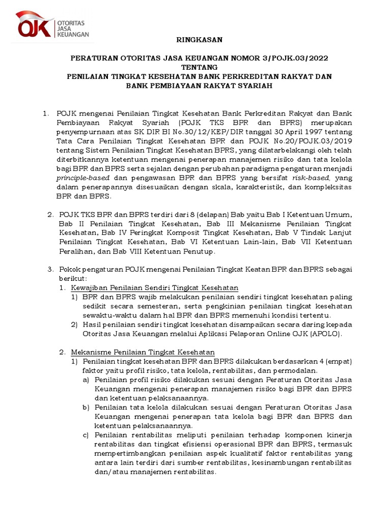 POJK+3-POJK.03-2022+Penilaian Tingkat Kesehatan Bank Perkreditan Rakyat