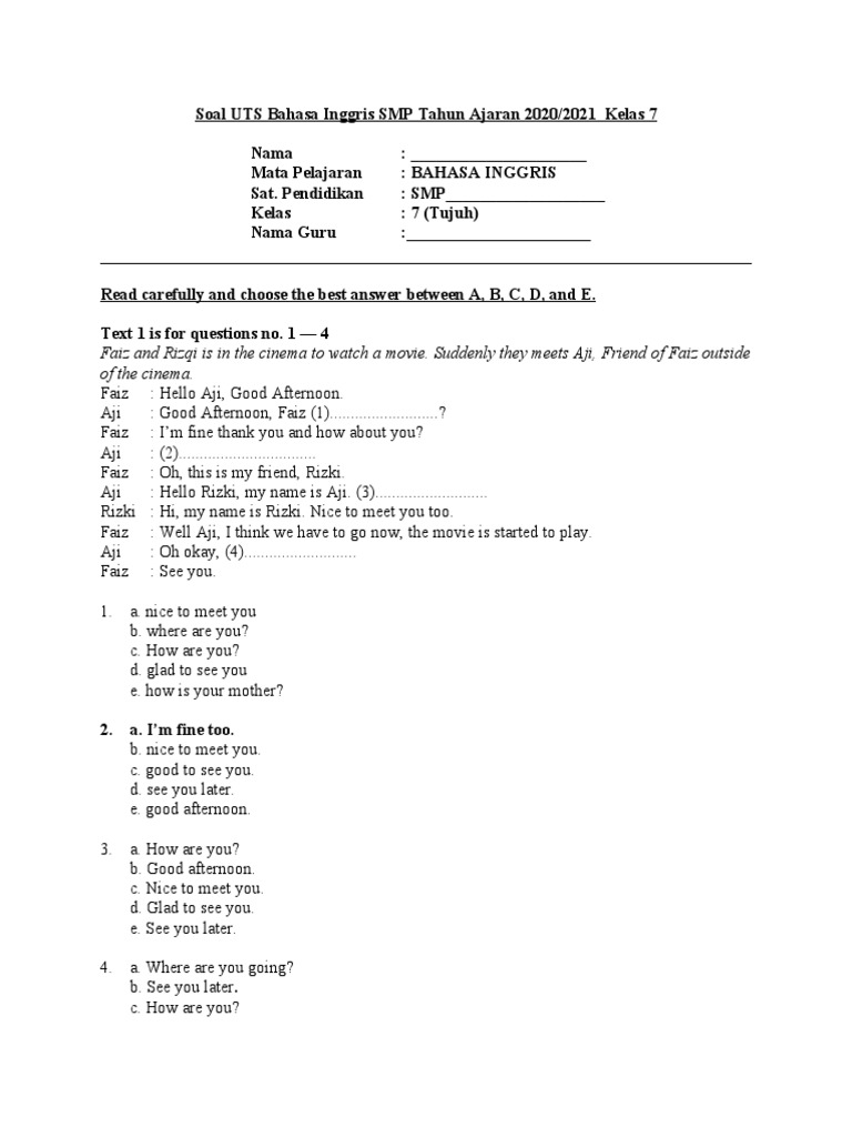 Soal Bahasa Inggris SMP Kelas 7 | PDF | Language Arts & Discipline ...
