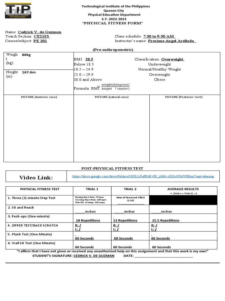Physical Fitness Form for PE 201 | PDF | Body Mass Index | Obesity