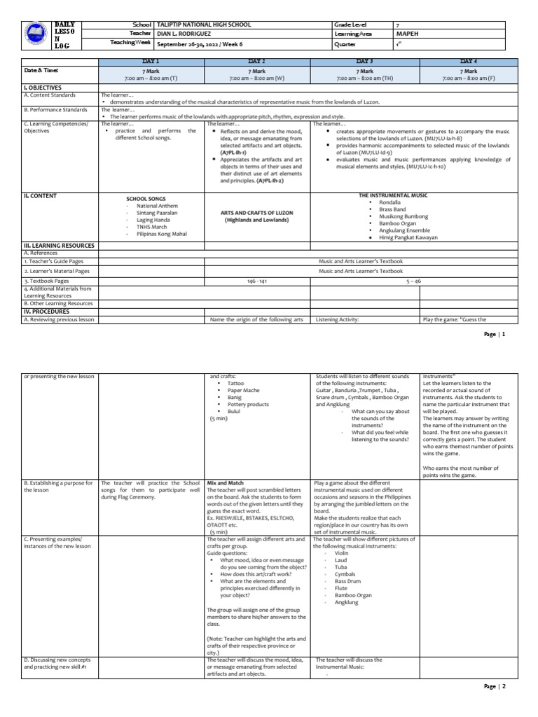 Grade 7 MAPEH Lesson Plan | PDF | Cognition | Cognitive Science