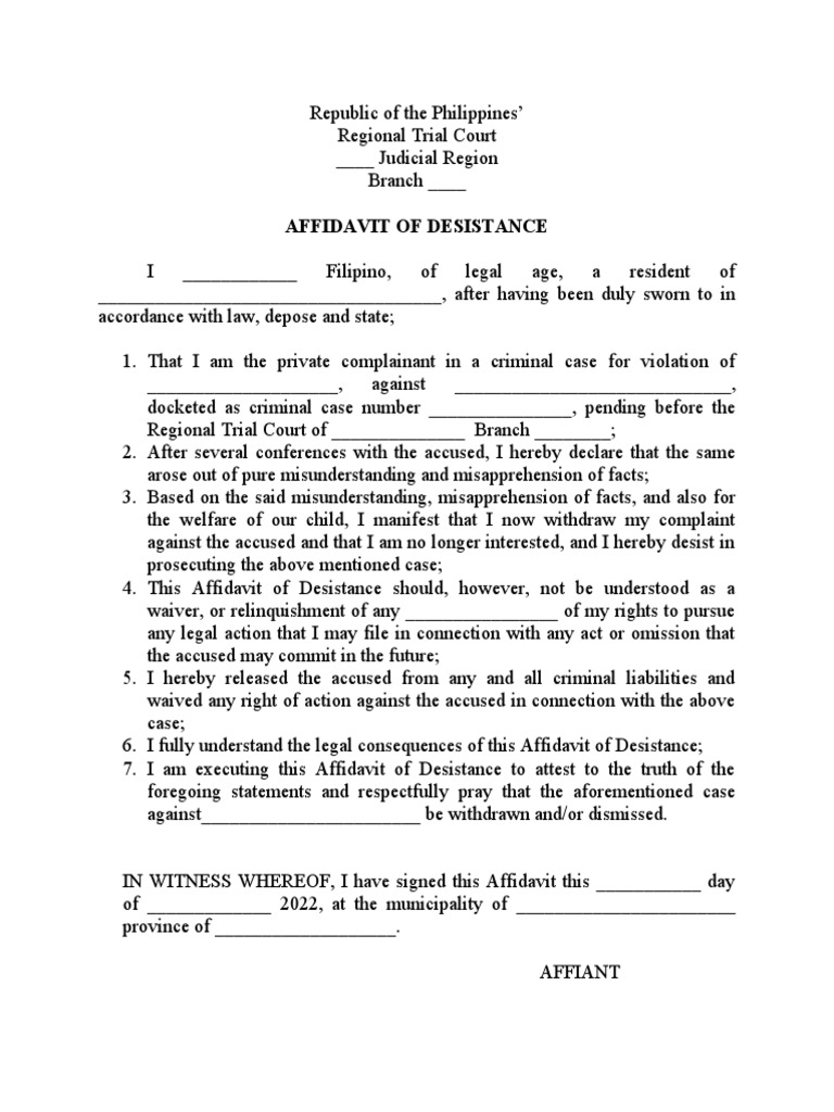 Affidavit of Desistance Template Philippines | PDF | Finance & Money ...