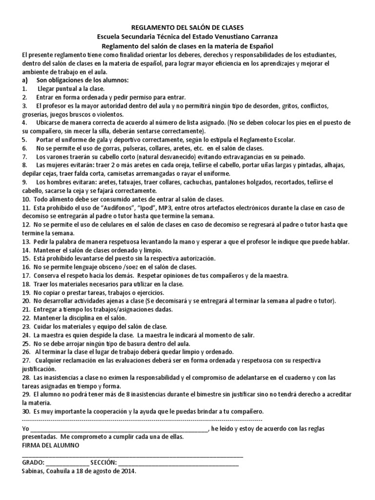 Reglamento del Salón de Clases de Español | PDF | Ensayos | Prueba ...