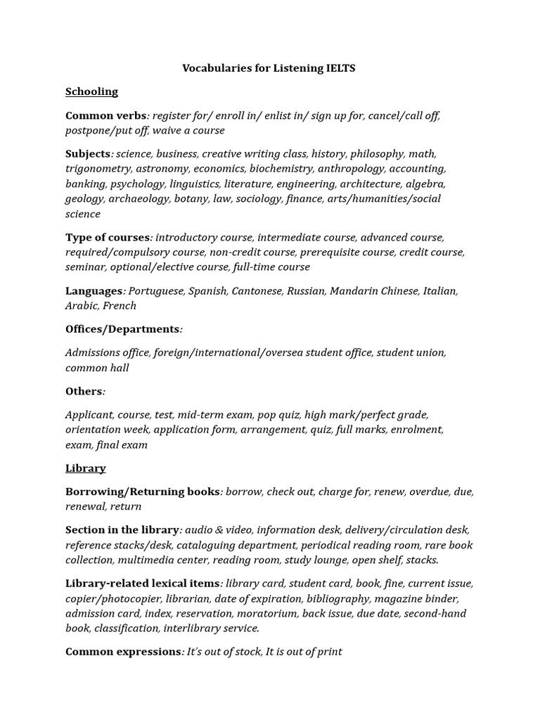IELTS Listening Vocabulary Guide | PDF | Cheque | Libraries