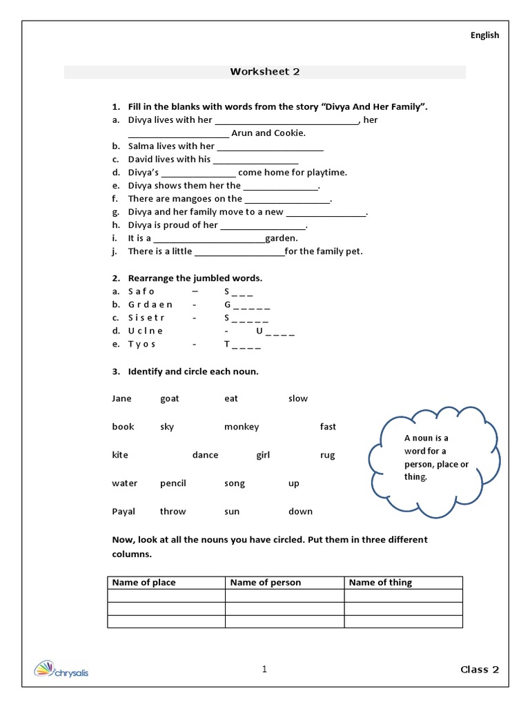 Divya and her family a worksheet on identifying nouns and solving word