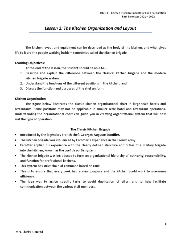 Lesson 2 The Kitchen Organization and Layout PDF Chef Kitchen
