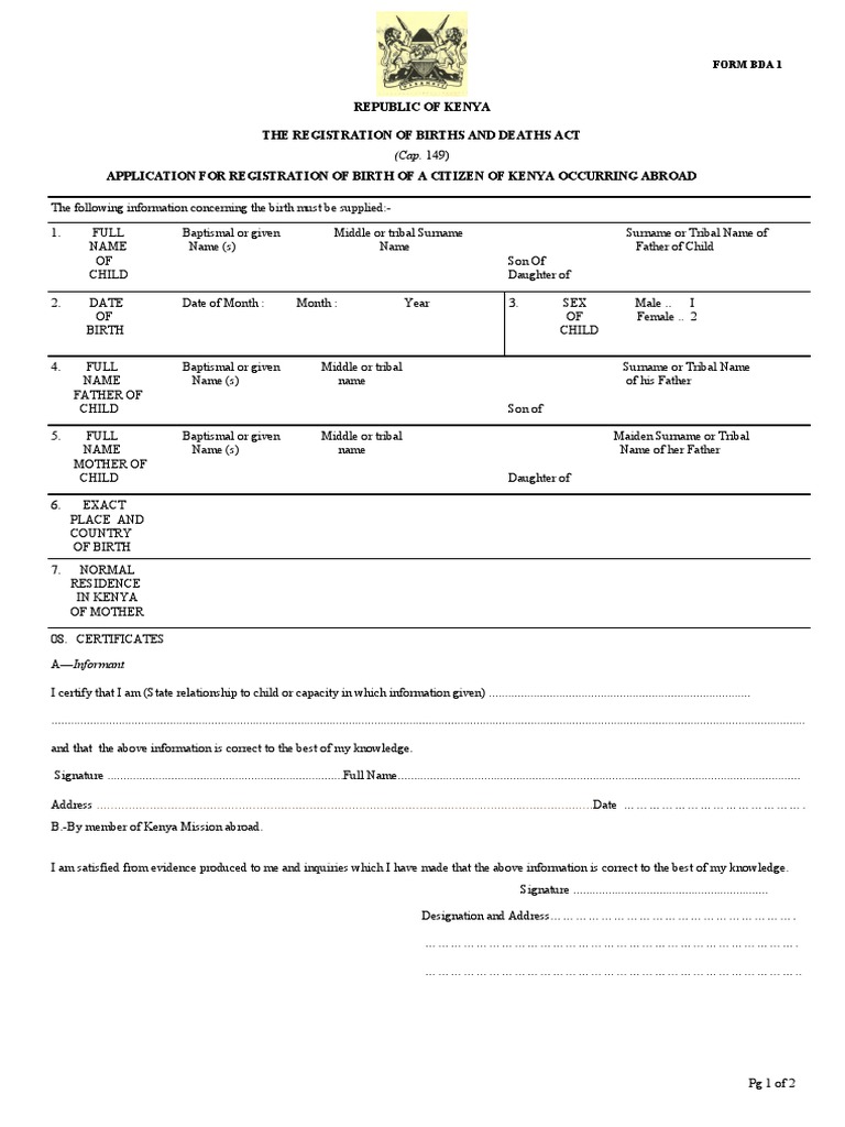BDA-1 Birth Registration Form Kenya | PDF | Government | Social ...