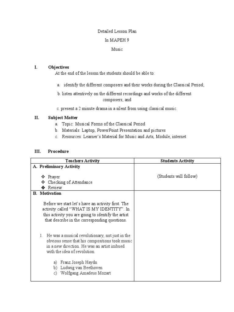 Classical Music Lesson Plan | PDF | Classical Period (Music) | Ludwig ...