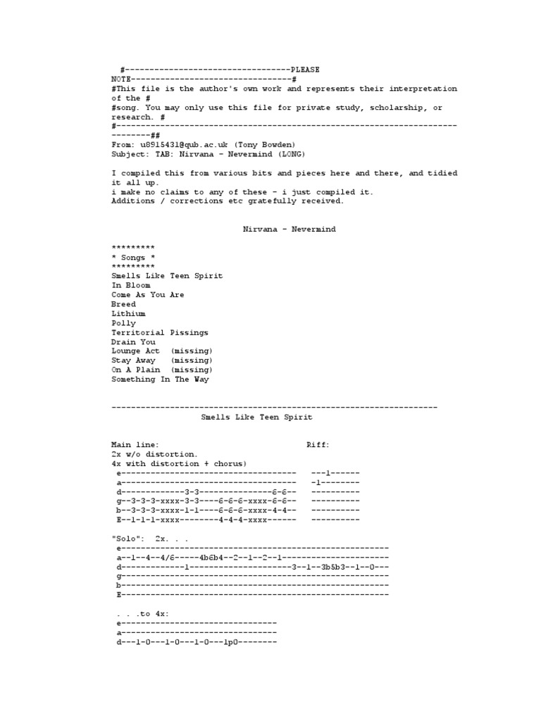 Nirvana Guitar Tabs PDF Grunge Kurt Cobain