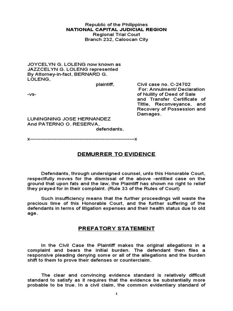 Demurrer Civil Case PDF Burden Of Proof (Law) Witness