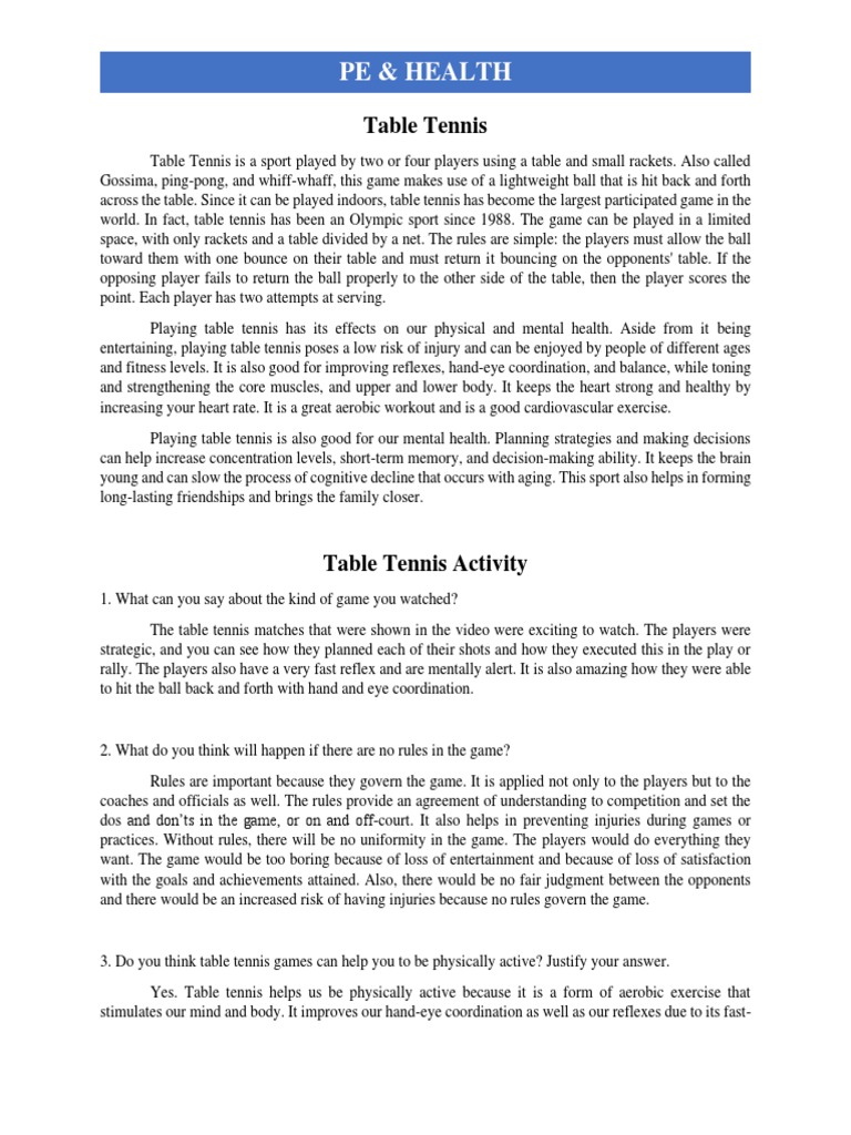 Table Tennis Essay and Activity PDF Table Tennis Cognition