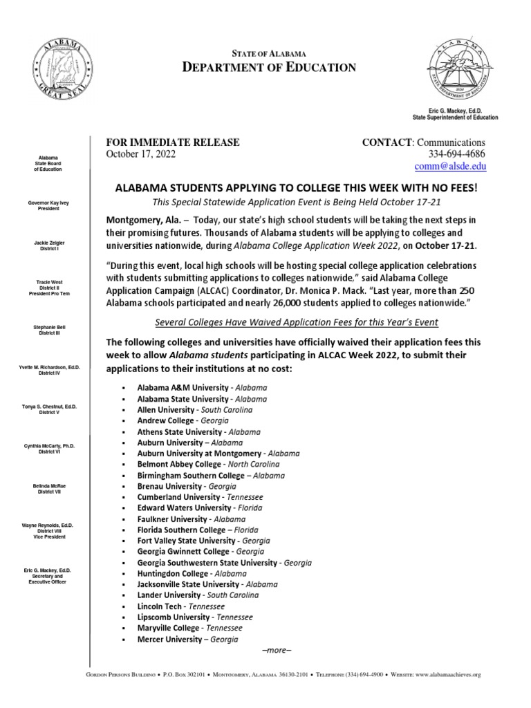 Free College Application Week Fall 2022 PDF Alabama The United States