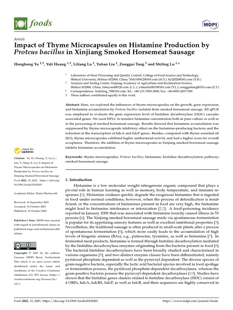 Impact of Thyme Microcapsules On Histamine Production by PDF Primer