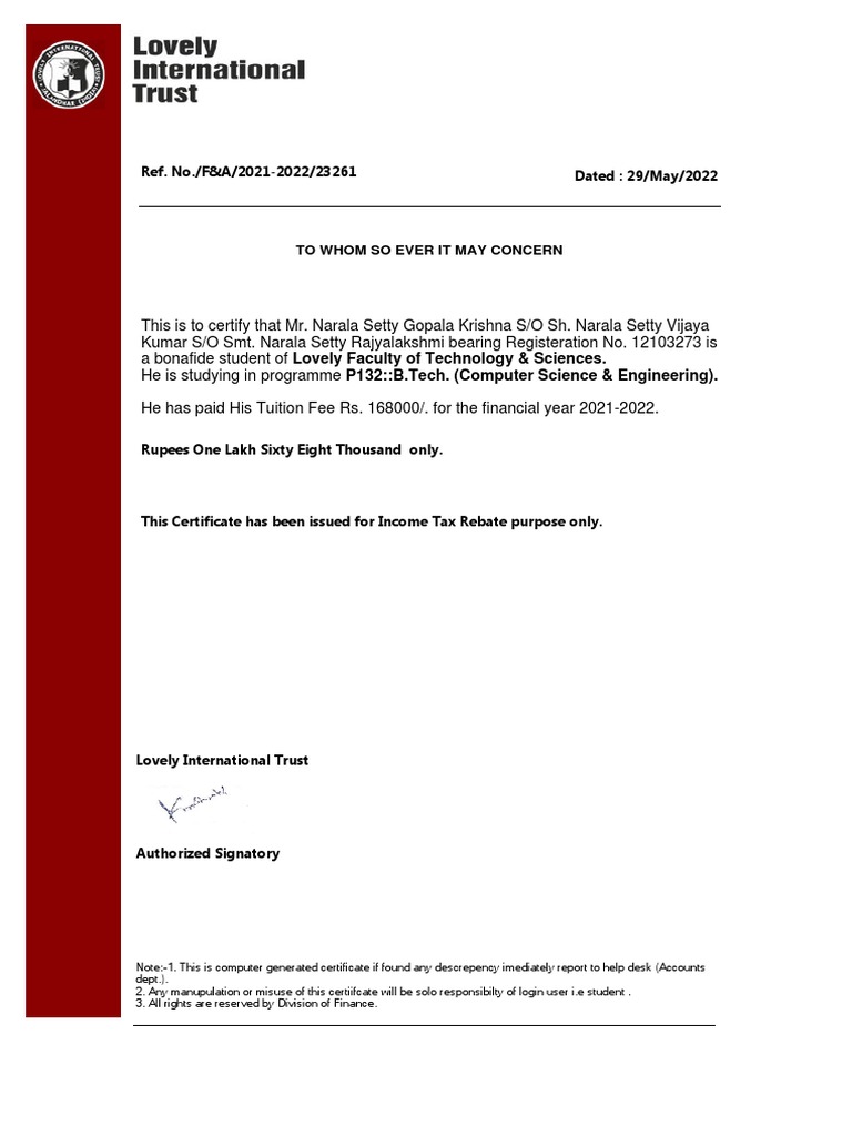 Tuition Fee Certificate | PDF