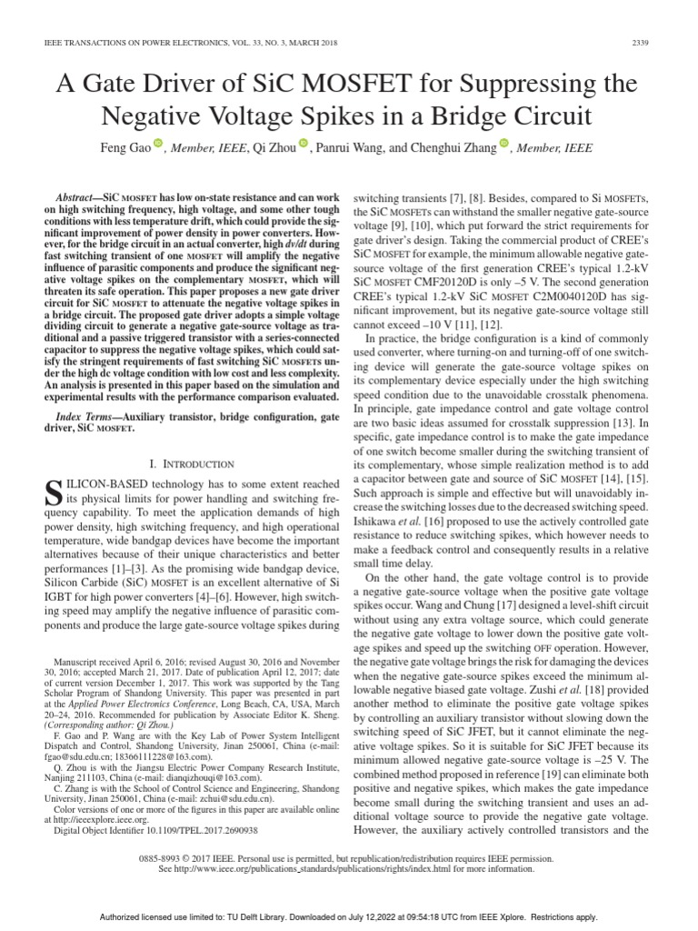 A gate driver of sic mosfet for suppressing the negative voltage spikes