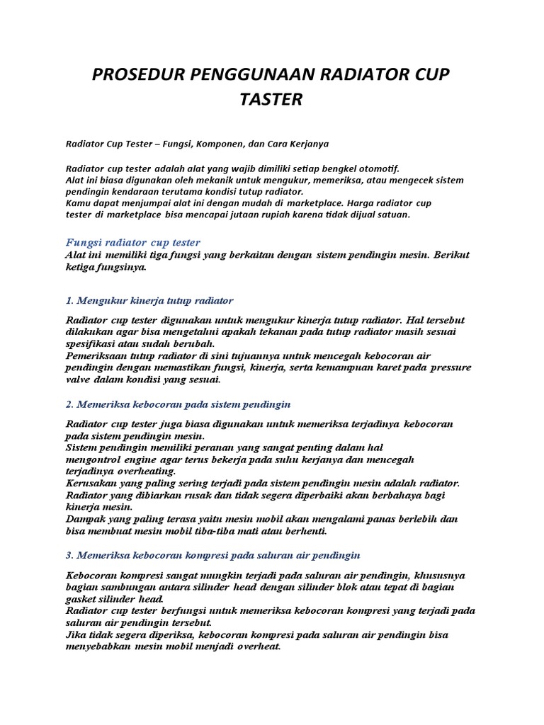 Cara Penggunaan Radiator Cup Tester | PDF
