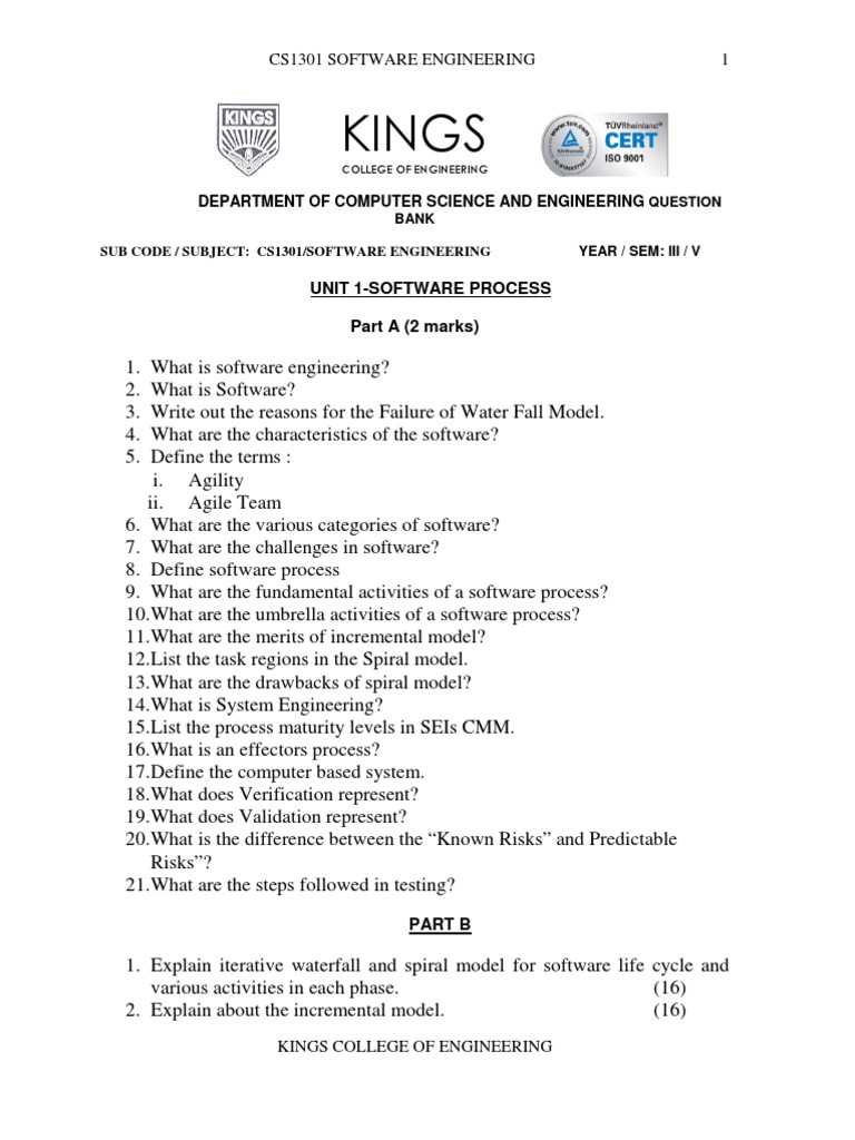 CS1301 Software Engineering Question Bank | PDF | Software Prototyping ...