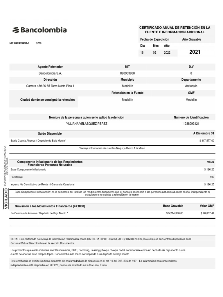 Certificado Bancolombia PDF Dinero Bancario