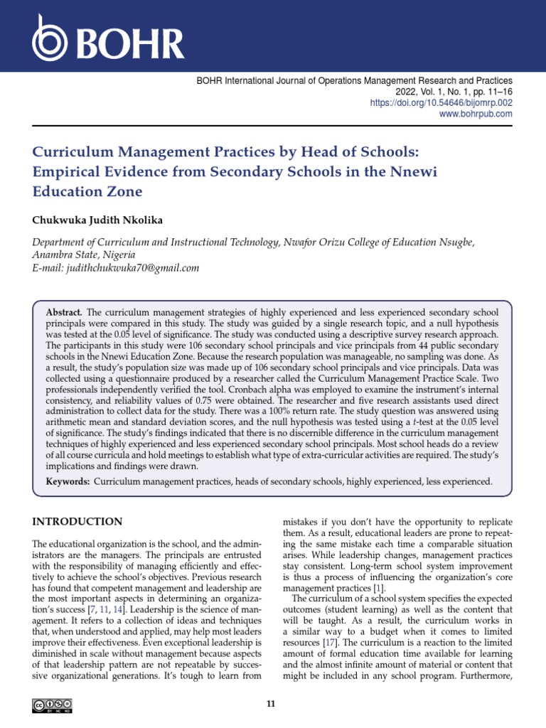 Curriculum Management Practices by Head of Schools: Empirical Evidence ...