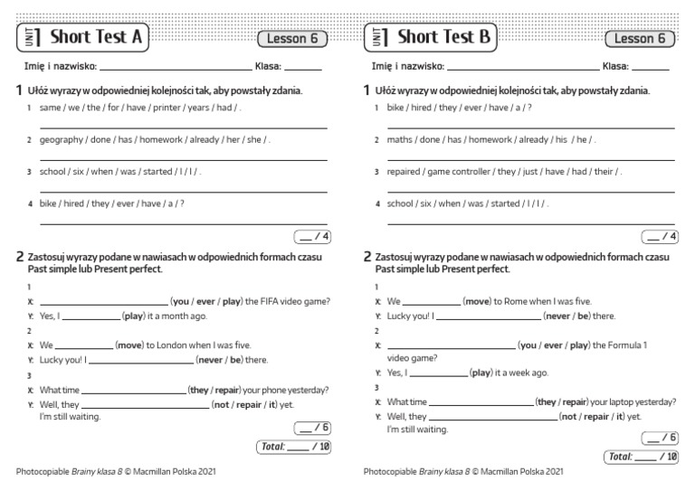 Sprawdzian Angielski Klasa 8 Unit 2 Brainy kl8 Short Tests Unit 1 Lesson 6 | PDF