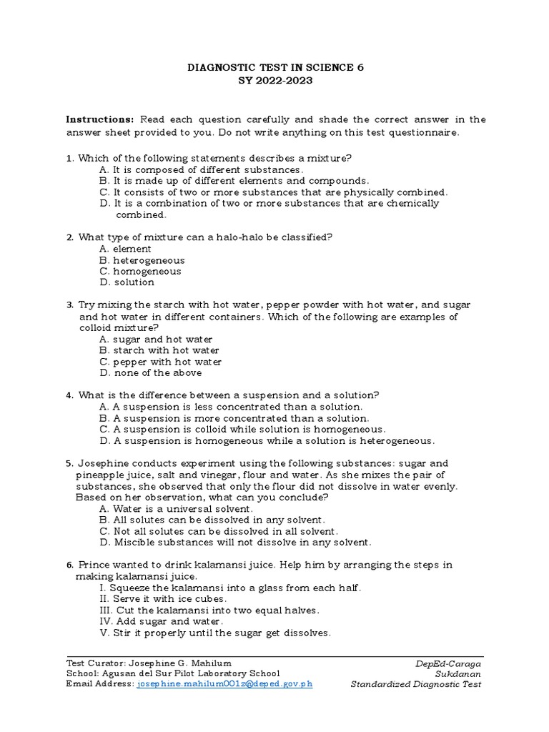 Science 6 Diagnostic Test | PDF | Earth | Respiratory System