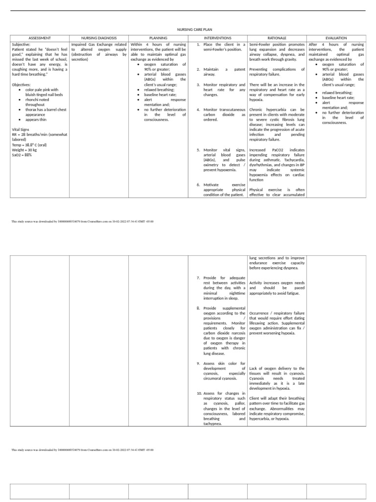 Impaired gas exchange ncp pdf hypoxia medical breathing