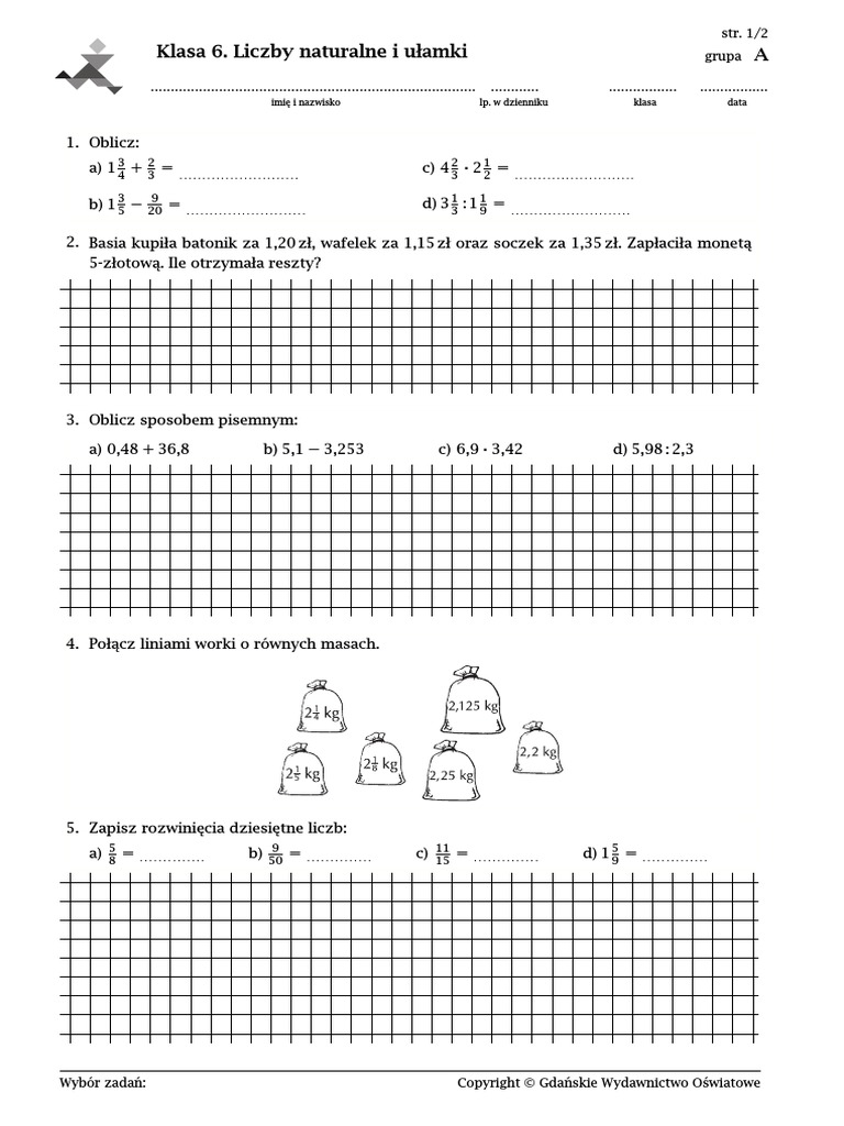 Matematyka Klasa 6 Liczby Na Co Dzień Klasa 6. Liczby Naturalne i Ułamki PRACA KLASOWA | PDF