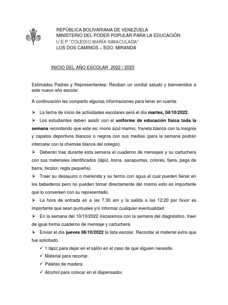 Inicio Año Escolar 2022 - 2023 | PDF