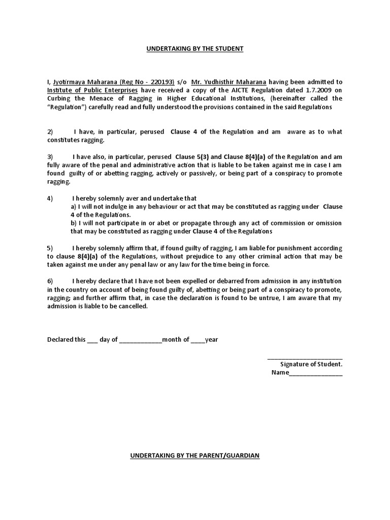 AICTE Undertaking Form Word Format | PDF | Criminal Law | Human Rights