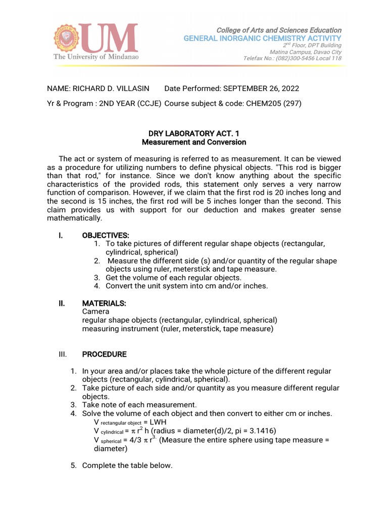 Inorganic Chemistry Measurement Activity | PDF
