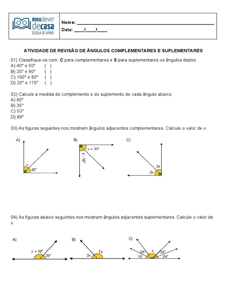 Revisão de Ângulos Complementares e Suplementares | PDF | Ângulo ...