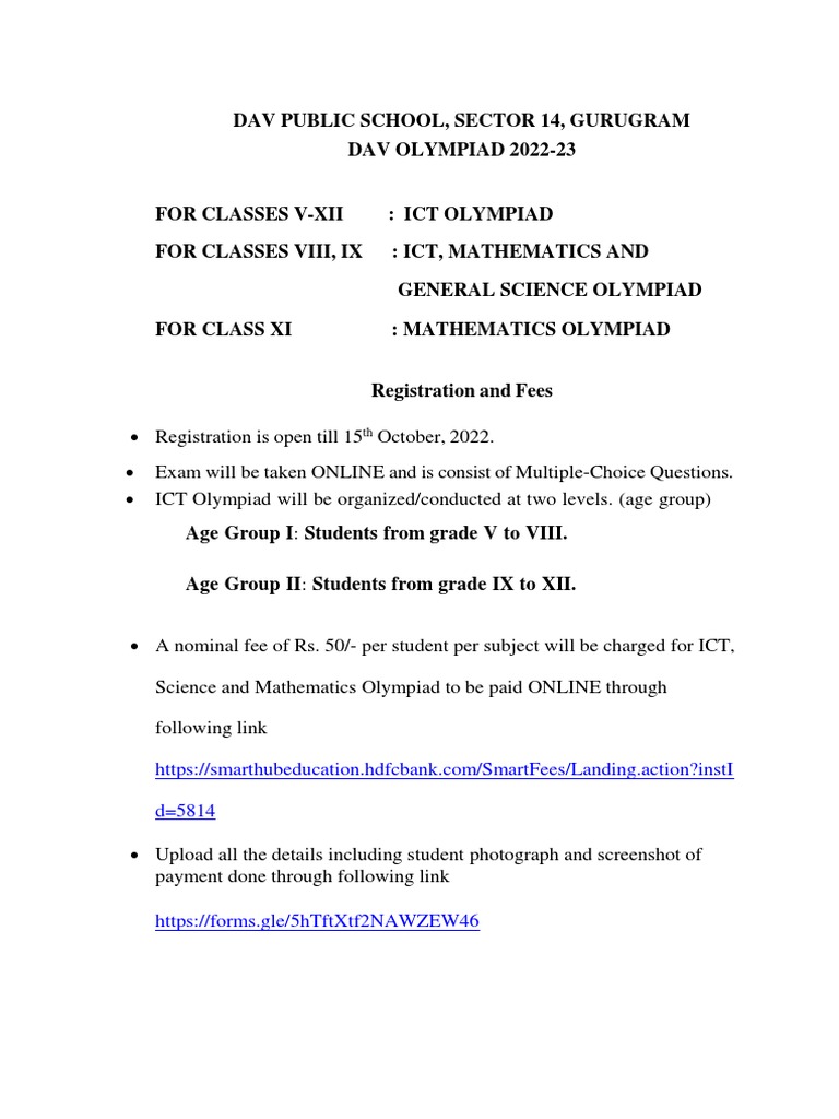 DAV Olympiad 2022-23 Registration Details | PDF | Technology & Engineering
