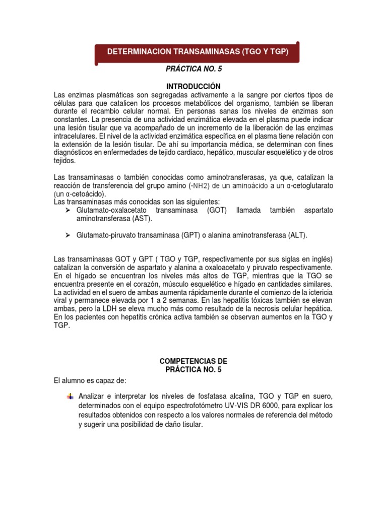 Análisis de Transaminasas TGO y TGP | PDF | Transaminasa | Alanina ...