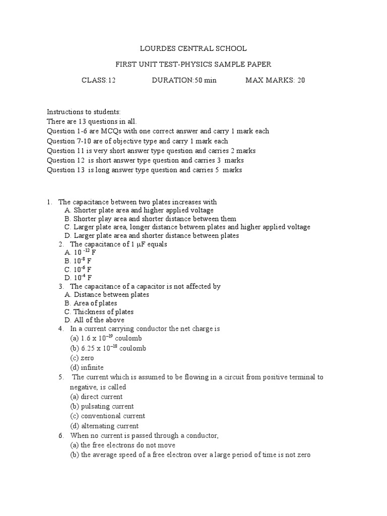 Class 12 Physics Unit Test Sample Paper | PDF | Science & Mathematics