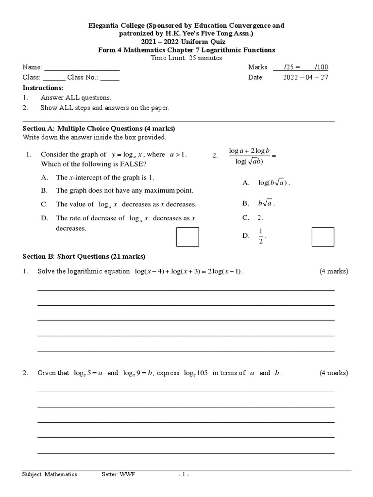 f4 Quiz ch7 (Logarithmic Function) 2022 Eng PDF Logarithm