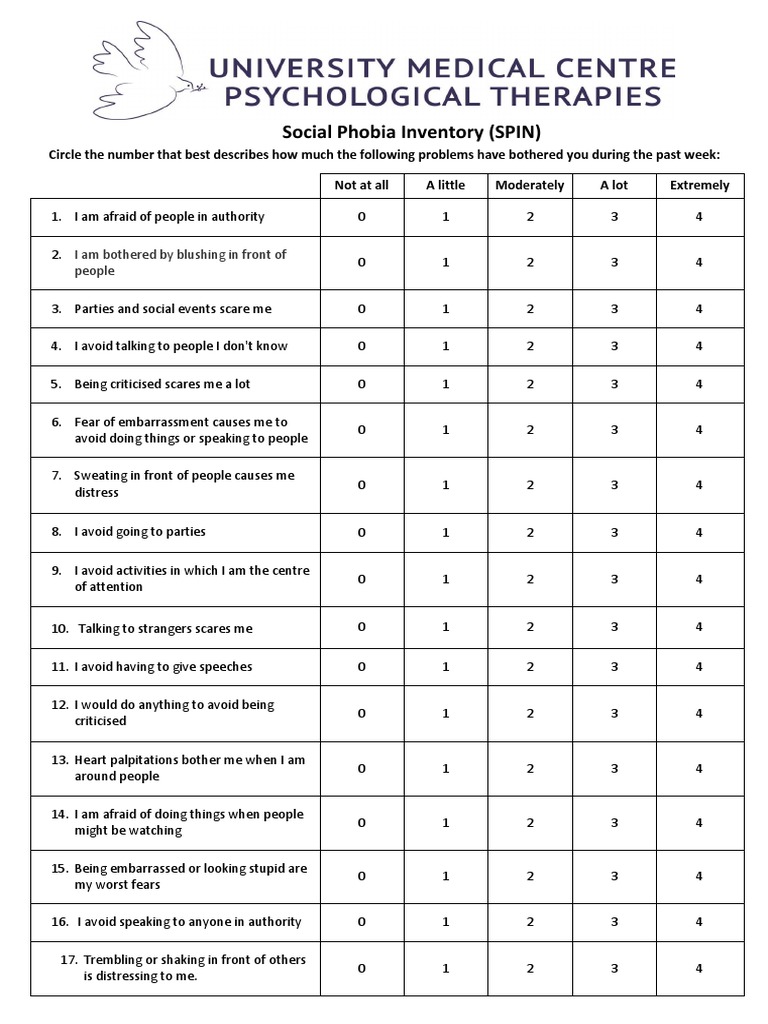 Social Phobia Inventory (SPIN) Assessment | PDF | Social Anxiety ...