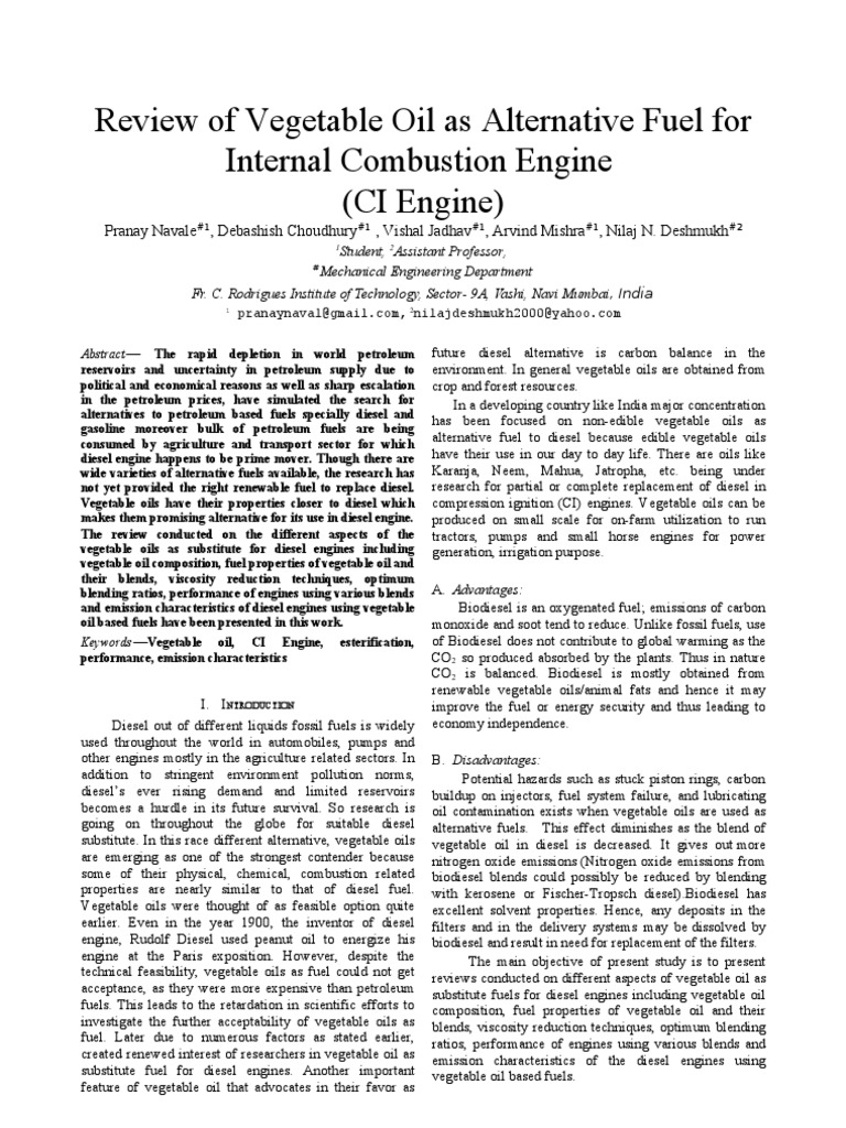 Review of Vegetable Oil As Alternative Fuel For Internal Combustion