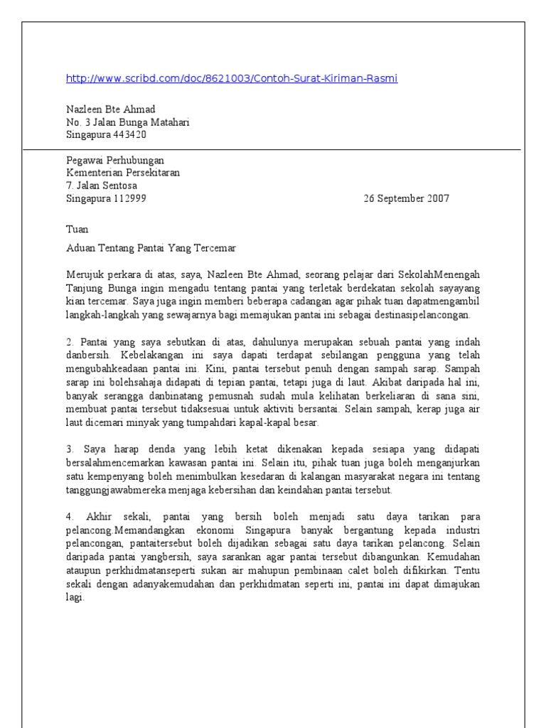 Contoh Surat Kepada Menteri Memberi Laporan