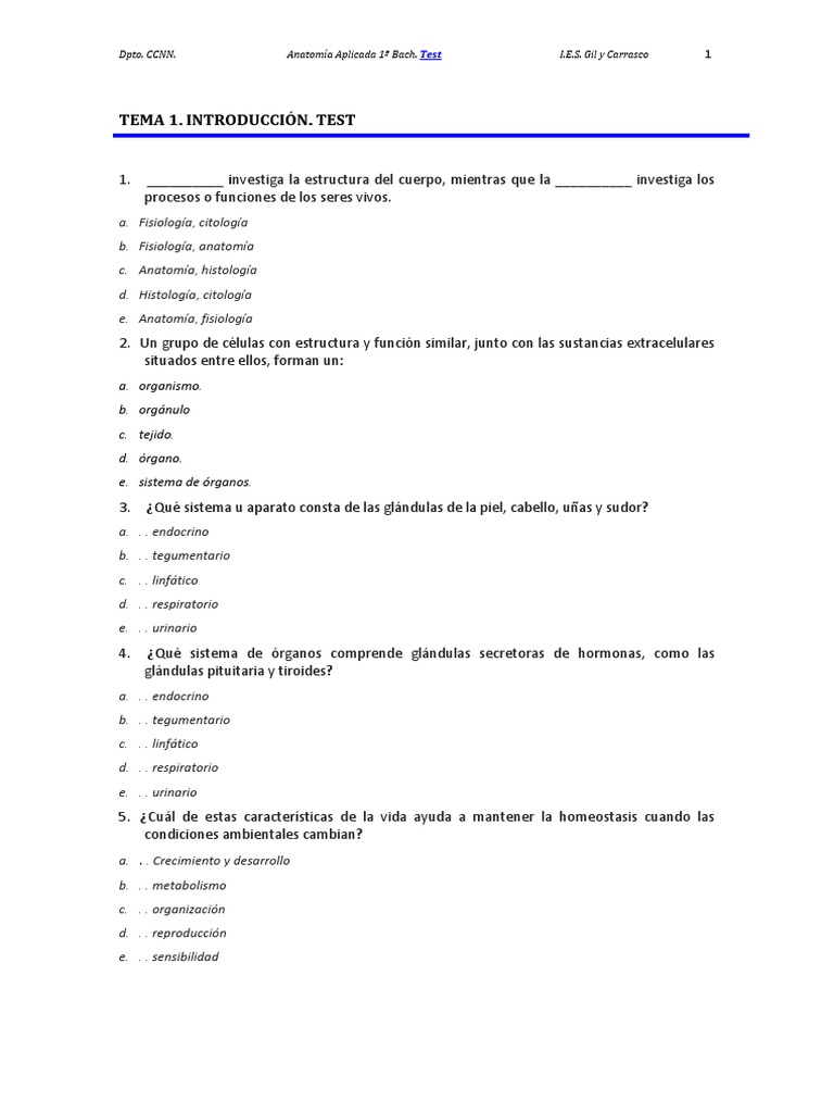 Test de Anatomía Aplicada 1º Bachillerato | PDF | Abdomen | Tórax