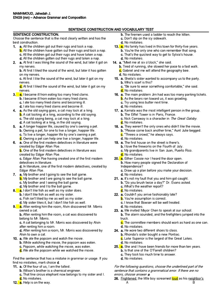 2 Sentence Cons, Vocabulary | PDF