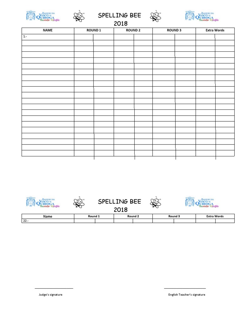 Spelling Bee Score Sheet Pdf - Printable Forms Free Online