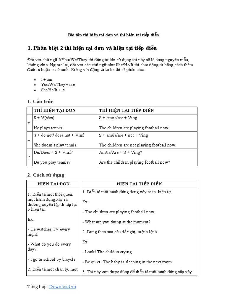 Bai tap hien tai don va thi hien tai tiep dien pdf