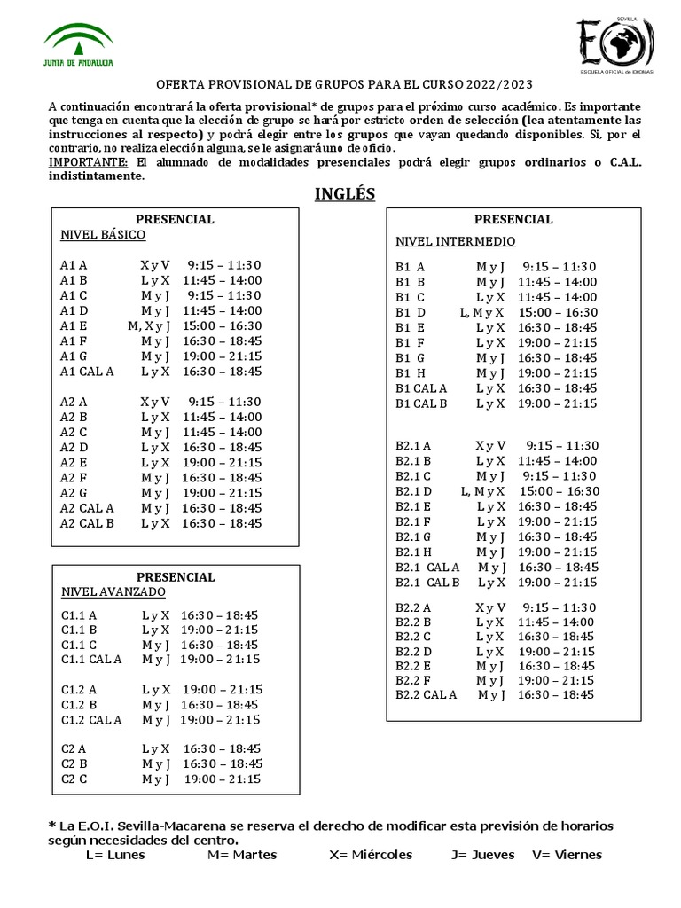 Oferta Provisional de Grupos Inglés para El Curso 20222023 PDF