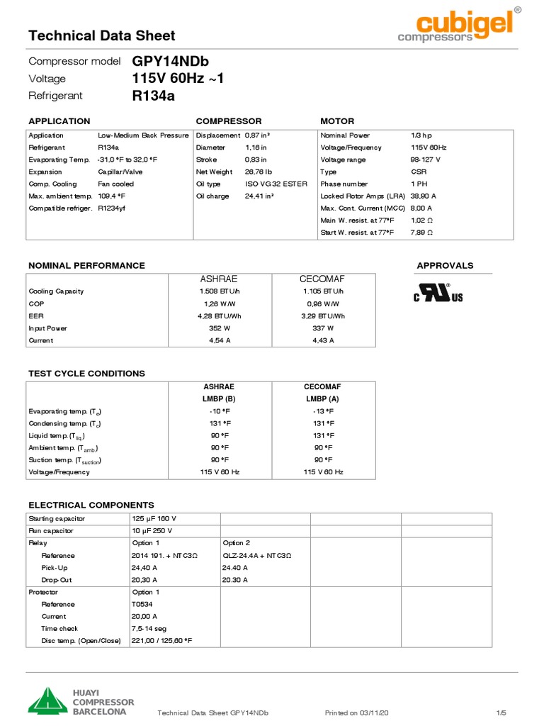 GPY14ND Compressor Technical Data Sheet | PDF | Mechanical Engineering ...