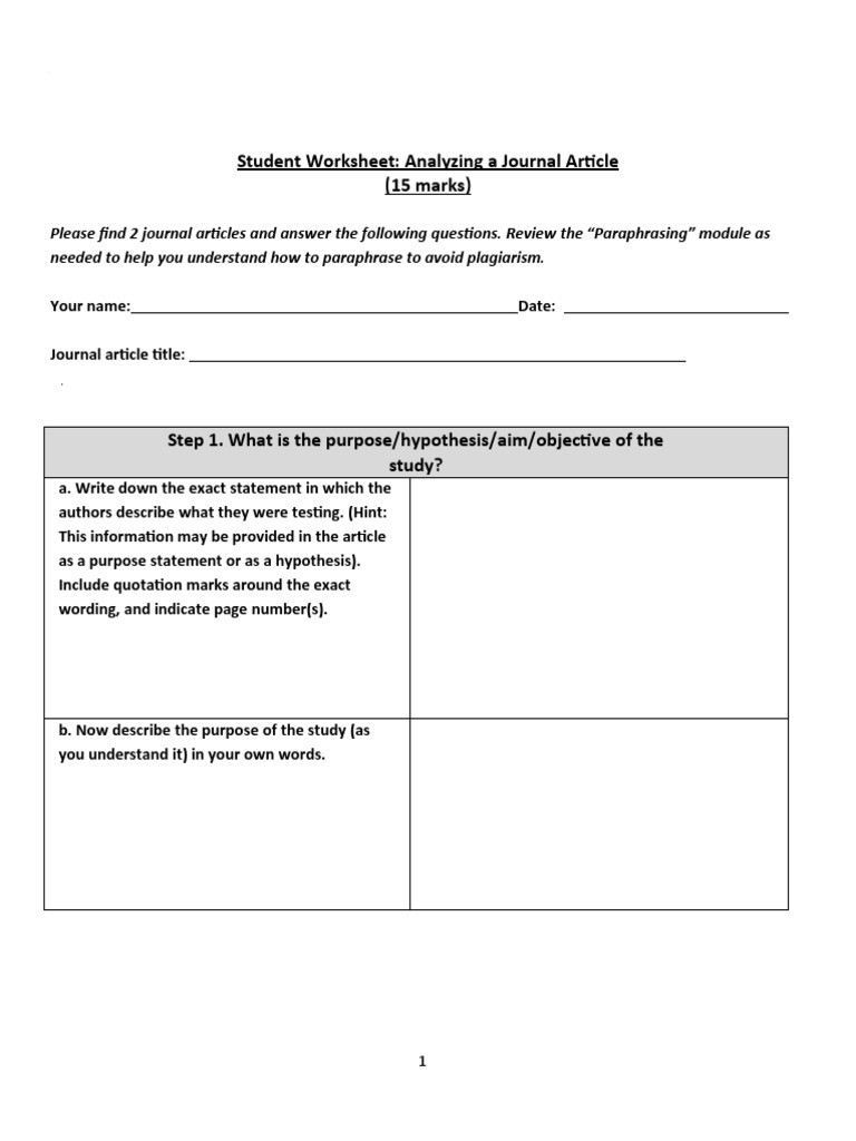 Analyzing Two Journal Articles: A Student Worksheet for Reviewing ...